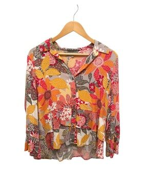 Habitat Floral Colorful Bohemian Button Front Blouse S Bell Sleeve Artsy Top EUC